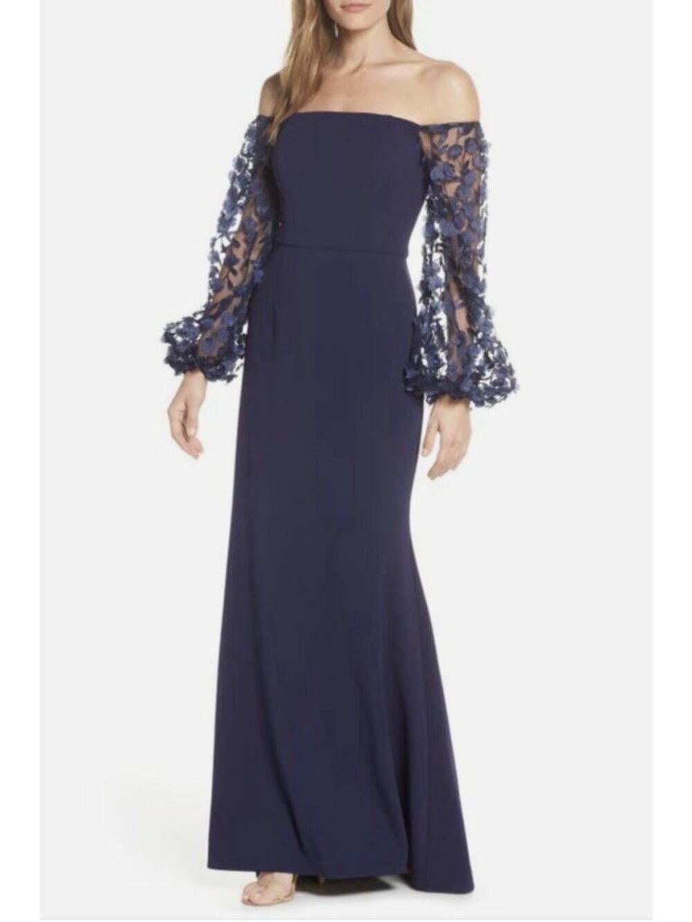 Eliza J Navy Blue Flower Sleeve Crepe Bandeau Gown Dress Floral Size 12 $228